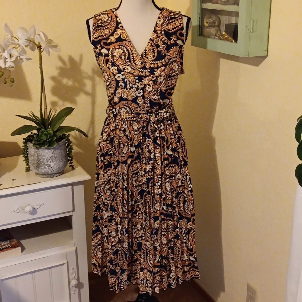 Lark + Grey Paisley Wrap Front PLEATED Dress. Career. Professional.